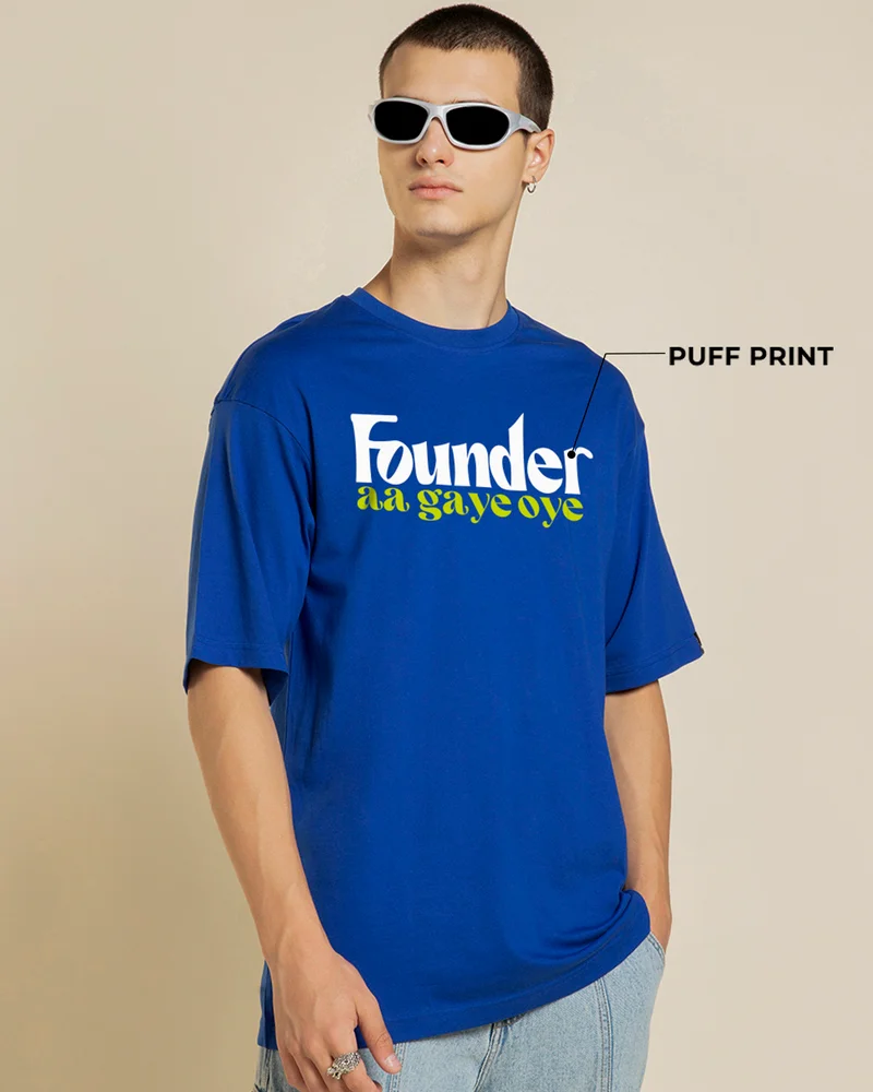 بيواكوف Men's Blue Founder Aagaye Oye Typography Oversized T-shirt